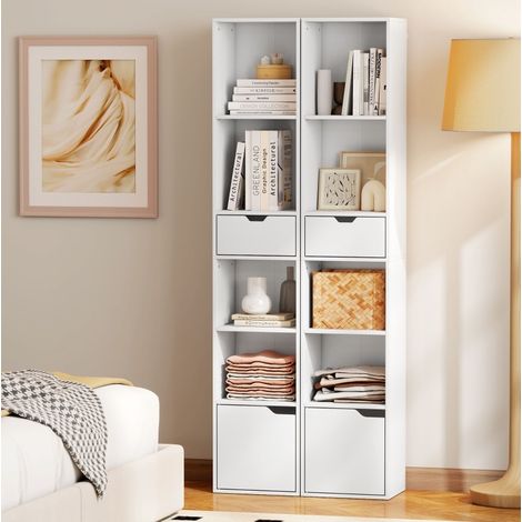 Libreria stretta con 4 vani aperti, cassetto e armadio, ripiano regolabile, pannello truciolare bianco (1/5)