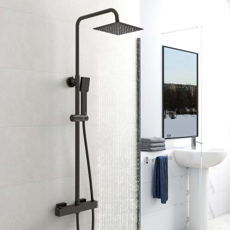 SKY Bathroom Matte Black Exposed Twin Head Mixer Shower and Thermostatic Square Bar Set (1/5)