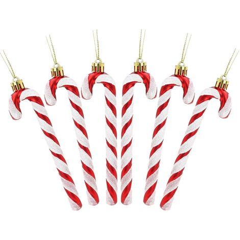 Packung mit 6 Stück 13 cm glitzernden Zuckerstangen-Weihnachtsbaumschmuck (Rot und Weiß) (1/4)
