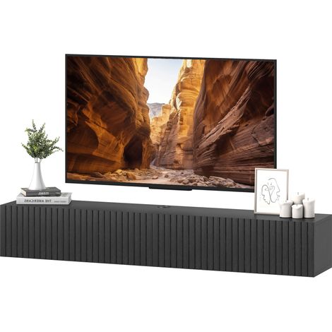 Meuble TV suspendu 140cm, meuble télé pour téléviseur 72 pouces, 2 portes rabattables, 140x25x22cm, noir (1/5)