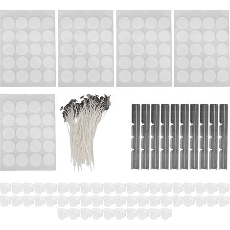 260 mèches bougie 15cm, 100 stickers adhésifs double face, 50 coquilles bougie, 10 porte-mèches inox, cœur plastique blanc - Kit complet fabrication bougies