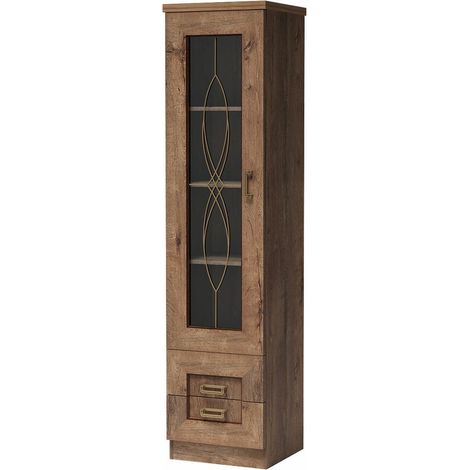 Estantería Lircava 109, Roble de lefkada, Cerrable, Con cajones, Con puertas, Aglomerado laminado, Vidrio, Número de puertas: 1, Número de cajones: 2, 191x46x44cm (1/4)