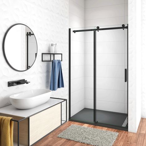 120x200 cm Box Doccia Per Nicchia Porta Scorrevole Ingresso Laterale in Vetro 8 mm Temperato Trasparente Anticalcare Telai in Alluminio Nero Opaco (1/5)