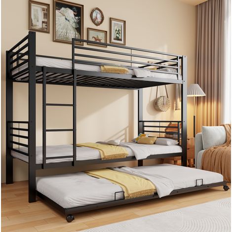 Lit superposé enfant 90x200 cm en métal noir avec lit gigogne, gain de place, sans matelas – MEUBLIV (1/5)
