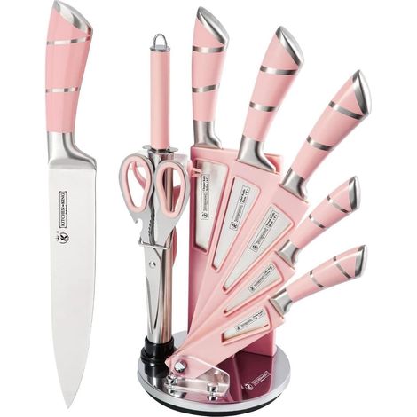 9 Piece Set with Acrylic Rotating Knife Holder, Sharp Chef Knife No Sticky Coating, Stainless Steel Kitchen Knife with Sharpener (Pink) (1/5)