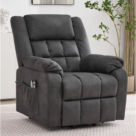 Poltrona relax elettrica con funzione alzapersona, massaggio vibrante e calore, tavolino pieghevole, tessuto grigio (1/5)