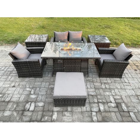 Fimous 5 Seater Outdoor Rattan Sofa Set Garden Furniture Gas Firepit Dining Table Heater with 2 Side Tables Big Footstool Dark Grey Mixed (1/5)