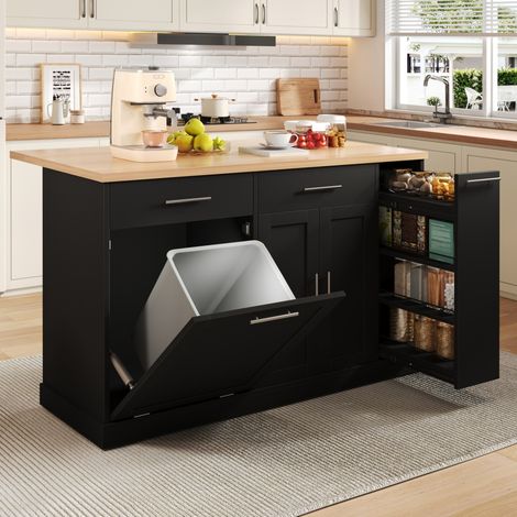 REDOM - Isla de cocina 120x70x93 cm - tablero abatible - compartimento para residuos estante para especias de 4 niveles - MDF - negro (1/5)