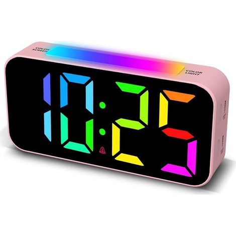 Reloj despertador digital,Reloj de mesita de noche digital,Iluminación RGB + LED,Pantalla digital a color,Función de repetición,Rosa