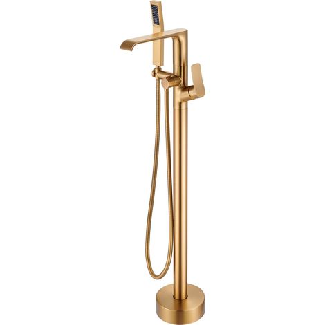 Robinet de baignoire monté au sol doré : robinet de baignoire sur pied avec douchette - Ensemble de robinetterie remplisseur de baignoire doré avec bec cascade pivotant à 360° (1/5)