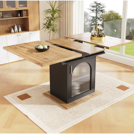 Tavolo in MDF e vetro 110-140x80x76 cm nero, allungabile, con vano contenitore (1/5)