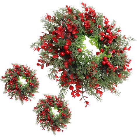 3pièces Couronne de Noël Artificielle pour Porte Entrée Guirlande de Baies Rouges et Eucalyptus Décoration Murale Saisonnière pour Cheminée et Fenêtre (1/5)
