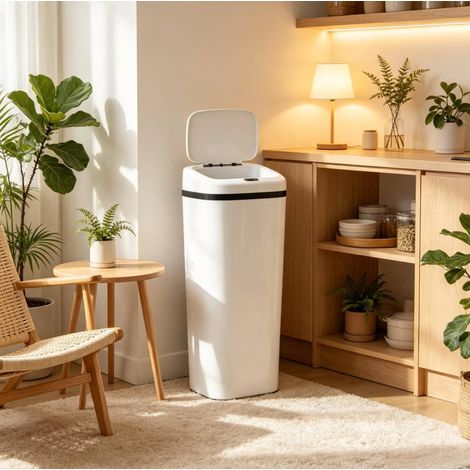 Papelera automática 50 L 33 x 25 x 84 cm acero inoxidable blanca, diseño moderno FLORAGRACE (1/5)