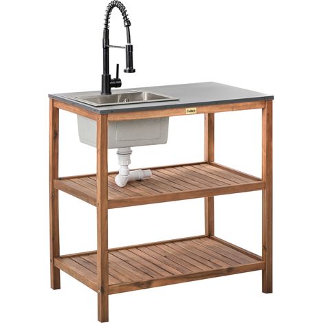 Isla de cocina exterior de madera de acacia con fregadero y grifo 2 estantes 80 x 50 x 83 cm encimera de acero marrón con negro Brucoli