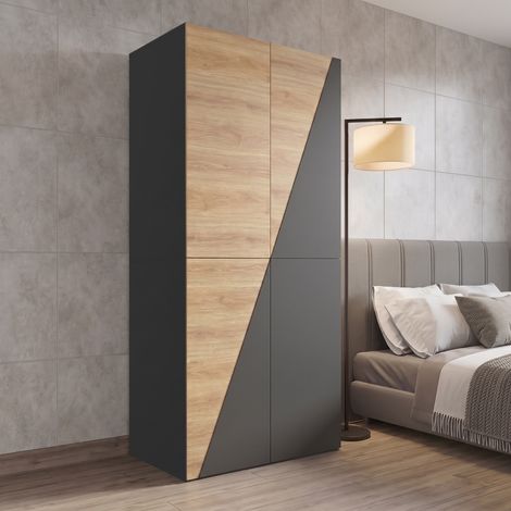 Armoire Penderie 90x50x200cm Chêne et Gris Anthracite - Dressing de Chambre Moderne avec Tringle, Porte-Pantalons, 2 Tiroirs et Boîte de Rangement (1/5)