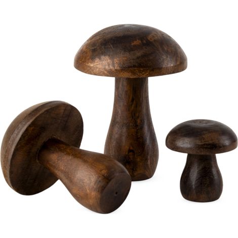 Mangoholz Deko Pilze dunkelbraun 3er Set zum Hinstellen - 14  12  7 cm - Holz Zierpilz Figur massiv zur Herbst Dekoration