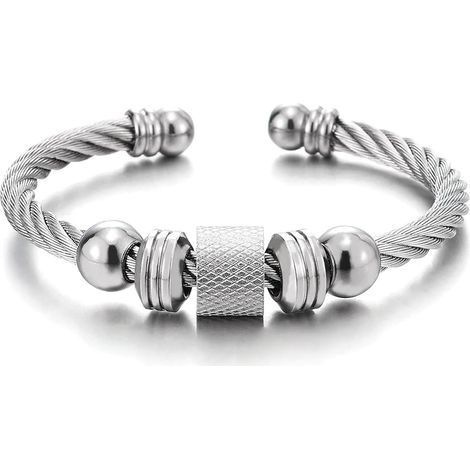 Bracelet jonc en acier torsadé pour homme et femme, orné de perles et de breloques, finition polie et ajustable. (1/5)