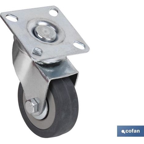 Roue en caoutchouc gris avec plaque, diamètre 65 mm, supporte jusqu'à 45 kg, pour usage industriel et domestique.