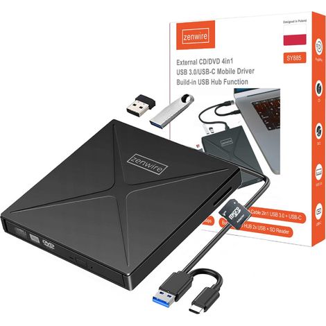 Tragbarer externer DVD-/CD-RW-Hub mit USB-C- und USB 3.0-Anschluss, Zenwire 4-in-1-SD-Kartenleser (Zenwire SY885)