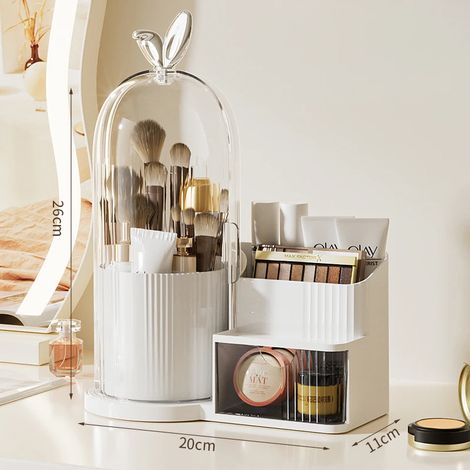 (Big White) Boîte de rangement rotative à 360° pour pinceaux de maquillage, présentoir cosmétique de bureau avec tiroirs