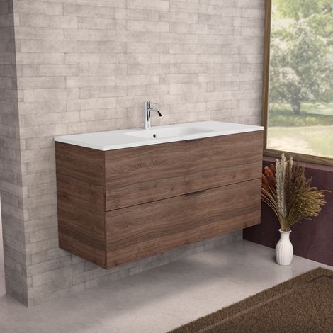 Inda - Badezimmerschrank B.120 mit mattiertem Waschbecken / Braune Eiche 2 Schubladen - Topazio (1/5)