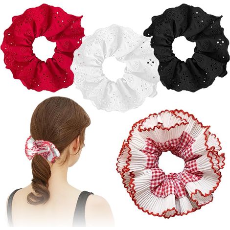 Set of 4 large lace scrunchies with double-layer embroidery - Soft and fluffy elastic ponytail cords - Women's hair accessories (multicoloured) (1/5)