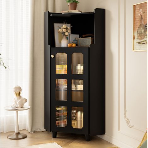 Meuble d'angle 63,5x124 cm en MDF noir, LED App, gain de place pour salle de bain FloraGrace (1/5)