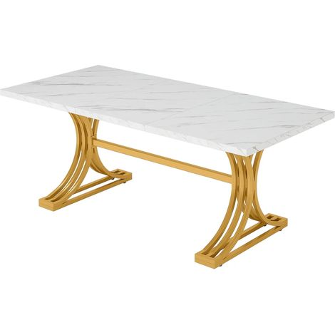 Table à manger multifonction en marbre artificiel 160x80 cm blanc et or pour 4 à 6 personnes (1/5)