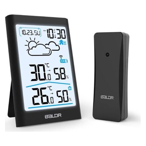 Station météo sans Fil, Thermomètre Hygromètre Baromètre Intérieure Extérieure avec Capteur LED Ecran Rétro-éclairage Horloge Numérique Alarme et Snooze Affichage Heure Date Jour Noir (1/5)
