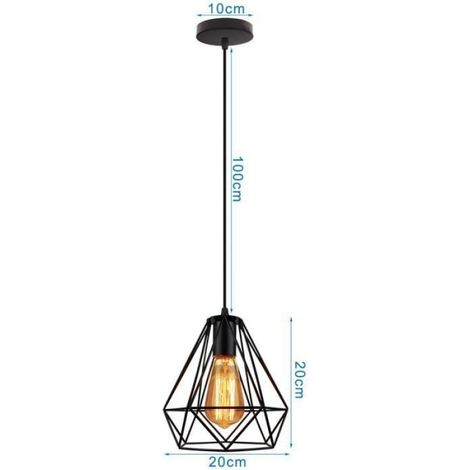 Lampe Suspension - Cage Métallique Diamant - Noir - E27 - 20 cm Diamètre - 21 5 cm Hauteur - Câble Réglable 1 m - Lot de 2 (1/4)