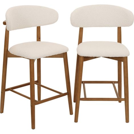 sweeek - 2er-Set Barhocker aus Heveaholz mit Bouclé-Bezug Nussbaumfarben / Crème (1/5)