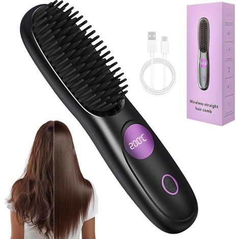 Brosse lissante sans fil pour cheveux courts et longs - Fer à lisser électrique sans fil - 3 niveaux de chaleur - Pour femme et fille