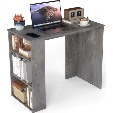 COSTWAY Computer Desk 90cm Study Desk Wooden Writing Desk w/Bookshelf-Grey (1/5)