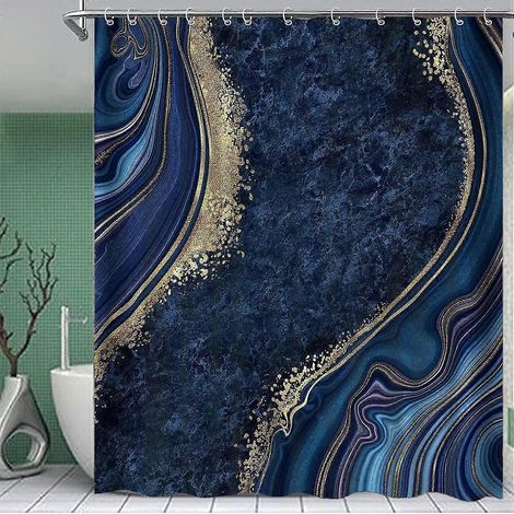Rideau de douche abstrait en marbre bleu marine, art moderne et luxueux, pierre d'agate, aquarelle, lignes dorées, rideau de salle de bain en tissu imperméable, ensembles de baignoire, décoration inté (1/5)