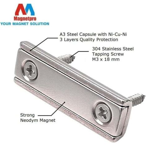 8 aimants rectangulaires 20 KG force 40 x 13,5 x 5 mm, avec contre-alésage et couvercle, aimants en pot ménagers et industriels, (1/3)