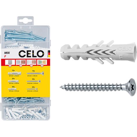 Scatola da 210 tasselli in nylon F5, F6 e F8 con viti in acciaio
