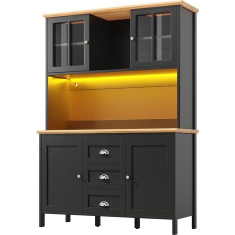 ELVMI Credenza Alta da Cucina con 4 Ante, 3 Cassetti, 1 Vano Aperto e LED per Cucina in MDF e Metallo 120 x 40 x 179 cm Nero (1/5)