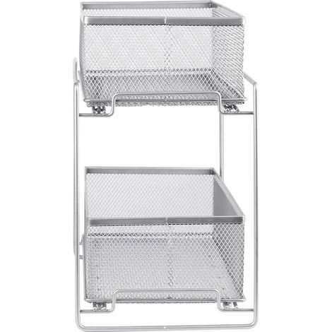 Rangement sous Évier à 2 Niveaux, Tiroir Rangement Cuisine, Panier de Rangement Coulissant, Étagères à Épices Coulissante, Étagère Rangement pour Cuisine, Bureau,Salle de Bain (Argent 35×18,3×32,5 cm) (1/5)