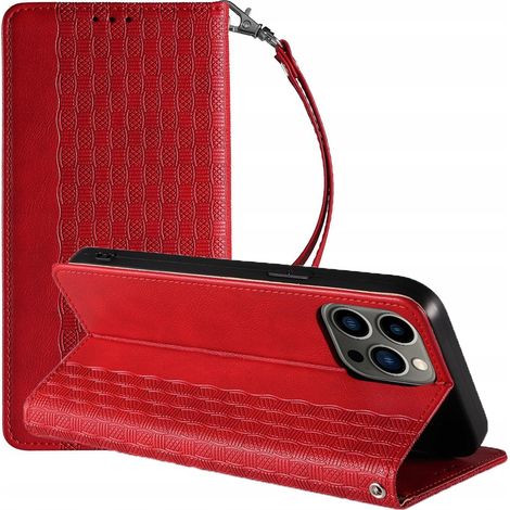 Custodia con cinturino magnetico per iPhone 14 Pro, cover a libro, portafoglio, mini cordino, supporto, colore rosso (1/5)