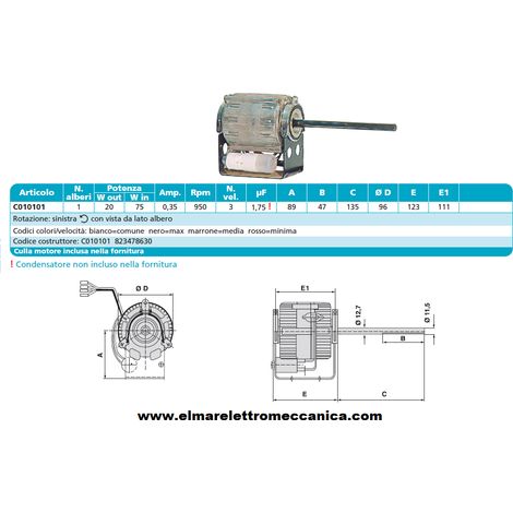 RPM C010101 75 W Motore 3 Velocità Monoalbero Fan Coil Ventilatore Monofase