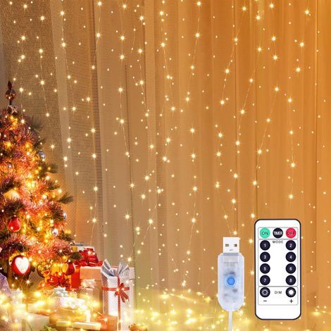 Rideau lumineux 3x3m chane lumineuse LED Rideau chane lumineuse LED avec 8 modes,300LEDs,décoration étanche IP44 pour Noël,décoration de fête,éclairage intérieur (blanc chaud) [classe énergétique A ++ (1/5)