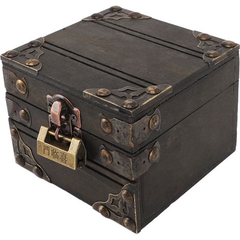 Grande boîte à bijoux de grande capacité, en bois antique durable gris foncé, avec serrure en métal pour bijoux et petits objets. (1/5)