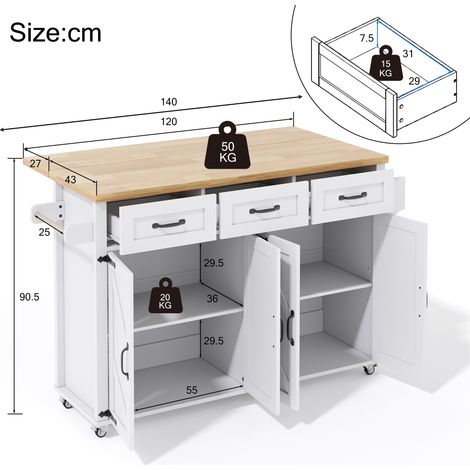Îlot de cuisine avec plan de travail rabattable, équipé de 5 roulettes verrouillables, 4 portes, 3 tiroirs, porte-serviettes double face, design style grange, blanc, 140x43(70)x90,5 cm. (1/5)