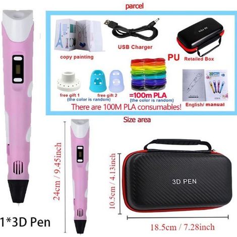 Lápiz de impresión 3D para niños, modelo USB con área de uso de 5 m x 20 colores + bolsa + libro de pintura plegable + 2 fundas para dedos, rosa (1/2)