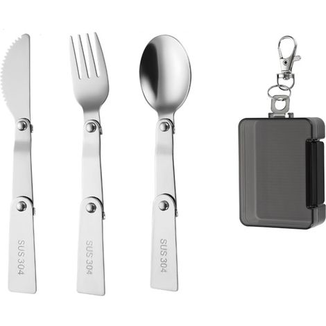 Couverts pliables rotatifs (Fourchette et Cuillère) — Ustensile 3-en-1 compact et portable en acier inoxydable 304 (Set de 3 pièces argenté) (1/4)