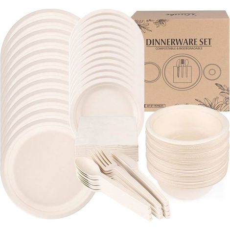 170 pièces vaisselle jetable, biodégradable et compostable, marron pour événements festifs (1/5)