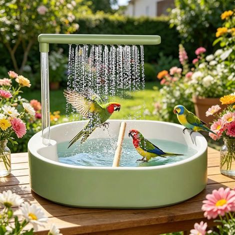 Fontaine de Bain pour Oiseaux Automatique avec Douche et Perchoir pour Perroquets et Petits Oiseaux (1/5)
