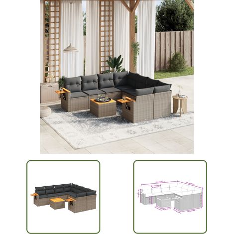 The Living Store 9-tlg. Garten-Sofagarnitur mit Kissen Grau Poly Rattan - Gartenmöbel Set - Esszimmergarnitur - Outdoor Möbel - Lounge Sofa - Rattan Gartenmöbel (1/3)