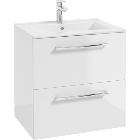 Bad Waschtisch in weiß Hochglanz lackiert mit Metallgriffen in chrom, 2 Schubladen und Keramikwaschbecken MESSINA-107, B/H/T ca. 60/62/46 cm (1/5)