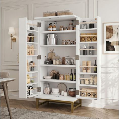 Armario de cocina (60x40x130 cm), con dos estantes regulables, compartimentos en la puerta, tablero de partículas blanco (1/5)